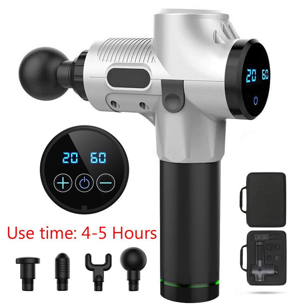 A massage gun with various attachments.