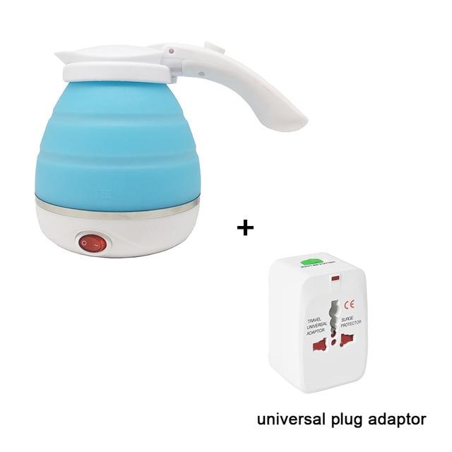 Collapsible electric kettle with universal plug adapter for travel. 

